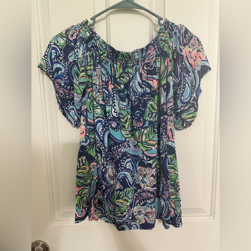 Lilly Pulitzer Navy and Green Paisley off shoulder Blouse